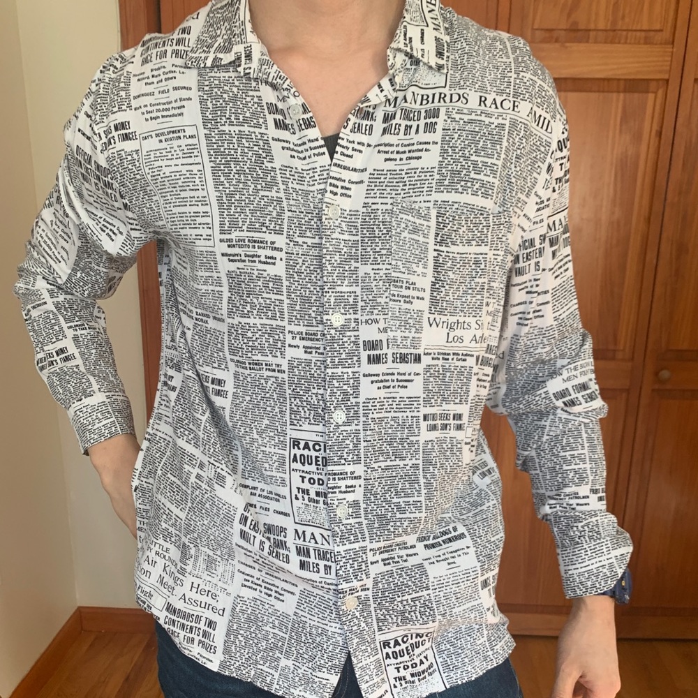 Newspaper Print Men’s Button-Up